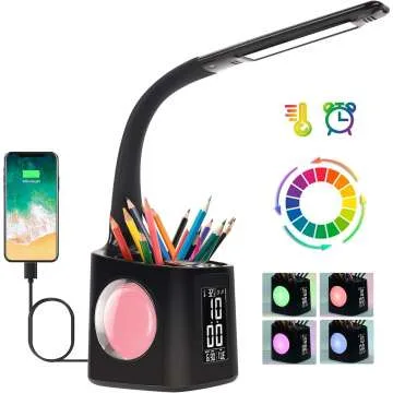 Color Changing LED Desk Lamp with Clock & Charger