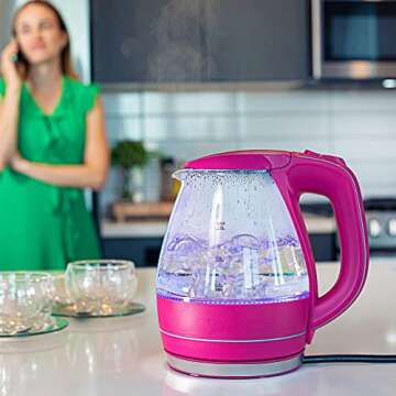 OVENTE Glass Electric Kettle Hot Water Boiler 1.5 Liter Borosilicate Glass Fast Boiling Countertop Heater - BPA Free Auto Shut Off Instant Water Heater Kettle for Coffee & Tea Maker - Pink KG83F