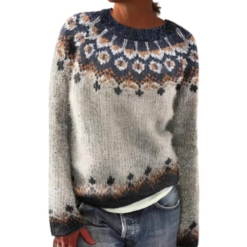 Women's Casual Colorful Retro Knitted Fair Isle Print Sweater 2024 Trendy Fall Winter Oversized Ligh...