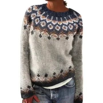 Women's Casual Colorful Retro Knitted Fair Isle Print Sweater 2024 Trendy Fall Winter Oversized Ligh...