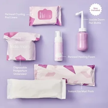 Frida Mom Postpartum Recovery Essentials Kit, Includes Disposable Underwear, Instant Ice Maxi Pads, Perineal Healing Foam, Perineal Healing Pad Liners and Upside Down Peri Bottle (11pc Gift Set)