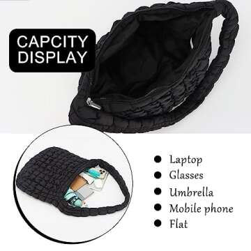 GOKTOW Puffer Quilted Carryall Bag,Quilted Shoulder Bag,Puffy Tote Bag Purse,Large Nylon Hobo Handbag,Black