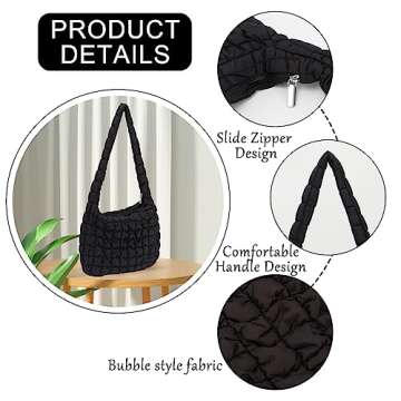 GOKTOW Puffer Quilted Carryall Bag,Quilted Shoulder Bag,Puffy Tote Bag Purse,Large Nylon Hobo Handbag,Black