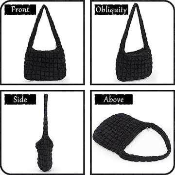 GOKTOW Puffer Quilted Carryall Bag,Quilted Shoulder Bag,Puffy Tote Bag Purse,Large Nylon Hobo Handbag,Black
