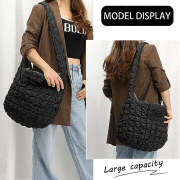 GOKTOW Puffer Quilted Carryall Bag,Quilted Shoulder Bag,Puffy Tote Bag Purse,Large Nylon Hobo Handbag,Black