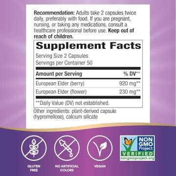 Nature's Way Black Elderberry Supplement, Traditional Immune Support*, With Elderberry and Elderflower, Plant Powered, 100 Capsules (Packaging May Vary)