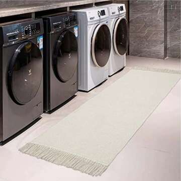 Collive Hallway Runner Rug, 2' x 6' Hand-Woven Reversible Washable Entryway Rug, White/Beige Cotton ...