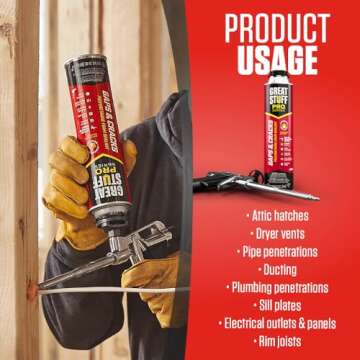 Great Stuff Foam Sealant Kit - Great Stuff Pro Gaps and Cracks 24oz, Great Stuff Foam Gun, Great Stuff Gun Cleaner 12oz, Great Stuff Gloves. Orange Color, Fire Rated Spray Foam Insulation