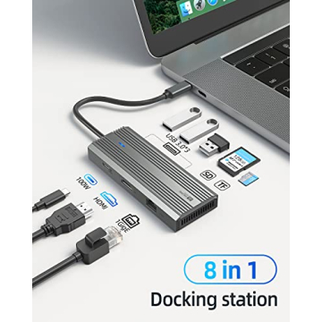 USB C Hub, SANZANG 8 in 1 USB-C Docking Station to HDMI Adapter, 4K@60Hz HDMI, 1Gbps Ethernet,100W Pass-Through Charging, SD/TF Card Slot,5Gbps 3.0 High Speed for MacBook