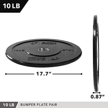 DAY 1 FITNESS Olympic Bumper Weighted Plate 2â€ For Barbells, Bars â€“ 10 lb Set of 2 Plates - Shock-Absorbing, Minimal Bounce Steel Weights with Bumpers for Lifting, Strength Training, and Working Out