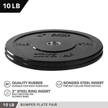 DAY 1 FITNESS Olympic Bumper Weighted Plate 2â€ For Barbells, Bars â€“ 10 lb Set of 2 Plates - Shock-Absorbing, Minimal Bounce Steel Weights with Bumpers for Lifting, Strength Training, and Working Out