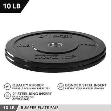 DAY 1 FITNESS Olympic Bumper Weighted Plate 2â€ For Barbells, Bars â€“ 10 lb Set of 2 Plates - Shock-Absorbing, Minimal Bounce Steel Weights with Bumpers for Lifting, Strength Training, and Working Out