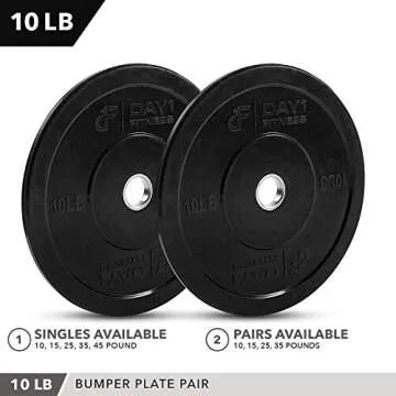DAY 1 FITNESS Olympic Bumper Weighted Plate 2â€ For Barbells, Bars â€“ 10 lb Set of 2 Plates - Shock-Absorbing, Minimal Bounce Steel Weights with Bumpers for Lifting, Strength Training, and Working Out