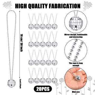 Sureio 20 Pcs Mirror Disco Ball Necklaces Silver Hanging Balls Ornament 70s Disco Party Necklaces Mi...