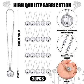 Sureio 20 Pcs Mirror Disco Ball Necklaces Silver Hanging Balls Ornament 70s Disco Party Necklaces Mi...