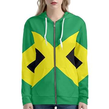 Biyejit Jamaican Flag Print Women Zip Up Hoodies Long Sleeve Hooded Sweatshirts with Pockets Lightweight Athletic Jackets Outdoor Streetwear