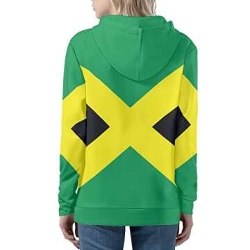 Biyejit Jamaican Flag Print Women Zip Up Hoodies Long Sleeve Hooded Sweatshirts with Pockets Lightweight Athletic Jackets Outdoor Streetwear
