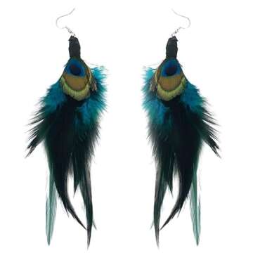 1-2PCS Gold Blue Retro Long Feather Earrings Dangle Drop Peacock Earrings Statement Bohemian Jewelry Leaves Stud Earrings for Women