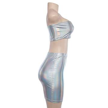 Velius Women's Metallic Shiny Off Shoulder Crop Top + Mini Dress Two Piece Outfit Set (Medium, Silver)