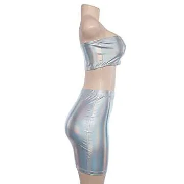 Velius Women's Metallic Shiny Off Shoulder Crop Top + Mini Dress Two Piece Outfit Set (Medium, Silver)