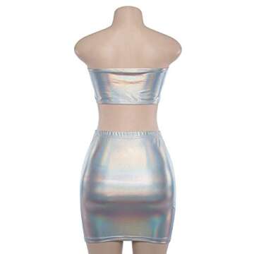 Velius Women's Metallic Shiny Off Shoulder Crop Top + Mini Dress Two Piece Outfit Set (Medium, Silver)