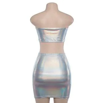 Velius Women's Metallic Shiny Off Shoulder Crop Top + Mini Dress Two Piece Outfit Set (Medium, Silver)