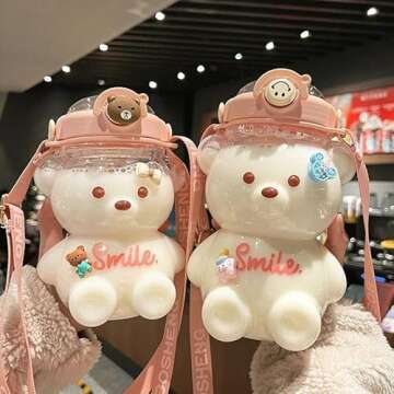Tuelaly Kawaii Water Bottle Cute Bear Water Bottle with Straw & Strap Large for Women Girls Going ou...