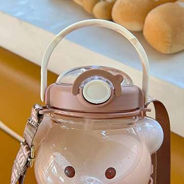 Tuelaly Kawaii Water Bottle Cute Bear Water Bottle with Straw & Strap Large for Women Girls Going out Camping Picnic Hiking School Pink 35 oz(1000 ml)