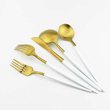 Gugrida White Gold Flatware, Royal 5 Piece Matte White Handle 18/10 Stainless Steel Tableware Sets for 1 Including Forks Spoons Knives, Camping Silverware Travel Utensils Set Cutlery (White Gold)