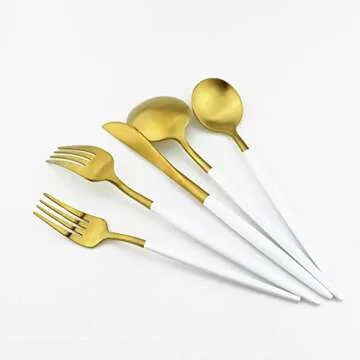 Gugrida White Gold Flatware, Royal 5 Piece Matte White Handle 18/10 Stainless Steel Tableware Sets for 1 Including Forks Spoons Knives, Camping Silverware Travel Utensils Set Cutlery (White Gold)