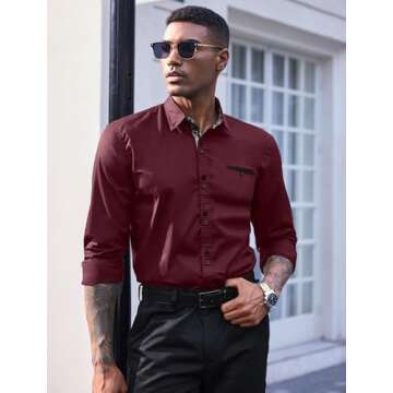 COOFANDY Men's Fashion Slim Fit Dress Shirt Casual Shirt, Medium, 01-wine Red