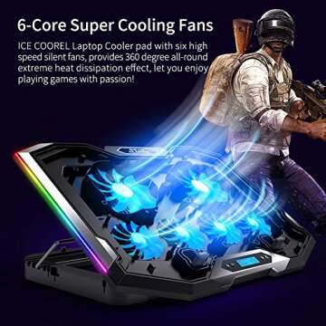 ICE COOREL Gaming Laptop Cooling Pad - 6 RGB Fans, Ergonomic Height Adjustment, and LCD Screen