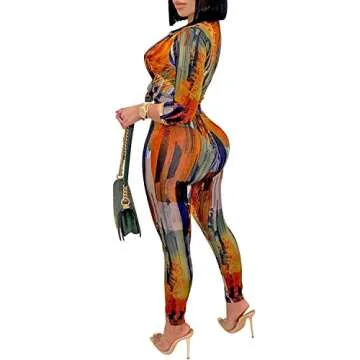 CUTUBLY Sexy Bodycon Long Sleeve V Neck Two Piece Outfits for Women Printing Jumpsuit Rompers(5281-O...