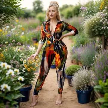 CUTUBLY Sexy Bodycon Long Sleeve V Neck Two Piece Outfits for Women Printing Jumpsuit Rompers(5281-Orange-M)