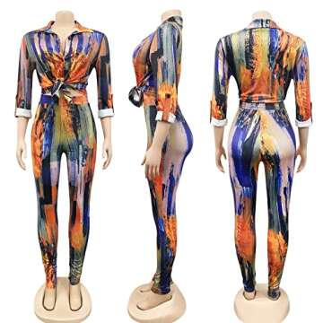 CUTUBLY Sexy Bodycon Long Sleeve V Neck Two Piece Outfits for Women Printing Jumpsuit Rompers(5281-Orange-M)