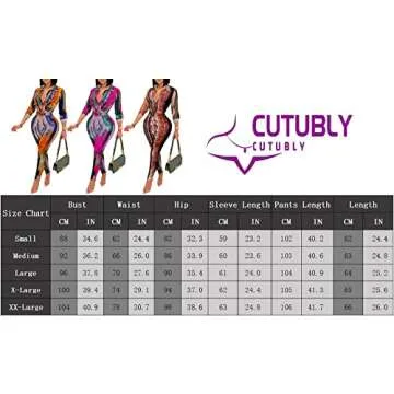 CUTUBLY Sexy Bodycon Long Sleeve V Neck Two Piece Outfits for Women Printing Jumpsuit Rompers(5281-Orange-M)