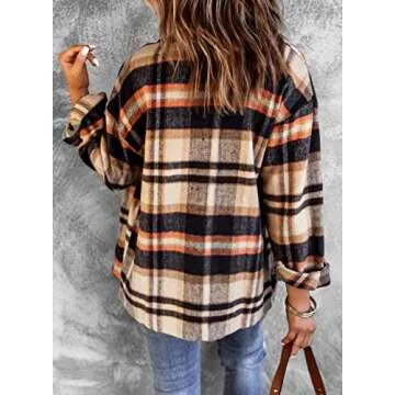 BTFBM Womens Plaid Jacket Long Sleeve Button Down Casual Flannel Shacket Shirts Loose Fall Spring Blouses Tops 2025(Plaid Print Orange, Medium)