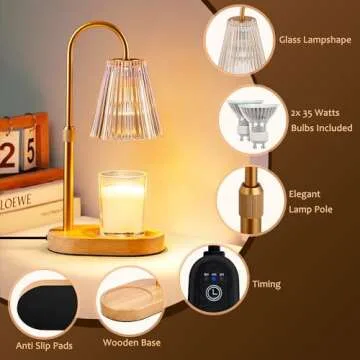 Candle Warmer Lamp with Timer: Electric Candles Wax Warmers Glass Lamps for Jar Candles Burner Adjustable Height and Dimmable Light Modern No Flame Scented Candle Warming Lantern
