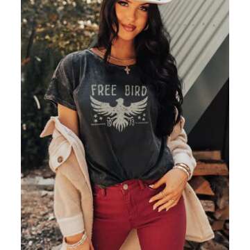 KEKEMI Vintage Rock Band Tshirts Women Retro Free Bird Western Graphic Tees Country Music Shirts Casual Short Sleeve Tops(Black-73,Small)