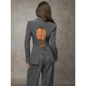 Work Blazers for Women Hollow Back Strap Long Sleeve Blazers Fall Clothes Winter(Medium) Dark Grey