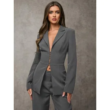 Work Blazers for Women Hollow Back Strap Long Sleeve Blazers Fall Clothes Winter(Medium) Dark Grey