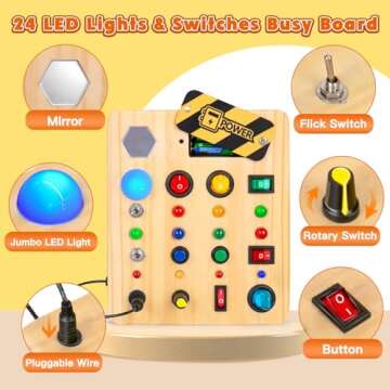 TINTECUSA LED Busy Board, Wooden Sensory Toys for Toddler, Montessori Music Toy for Airplane, Travel Activity Educational Learning Toy, Busy Light Switch Autism Toys, Birthday Boys Girls Gifts
