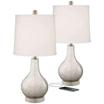 360 Lighting Ledger Modern Accent Table Lamps 21.75" High Set of 2 with USB Charging Port Mercury Gl...