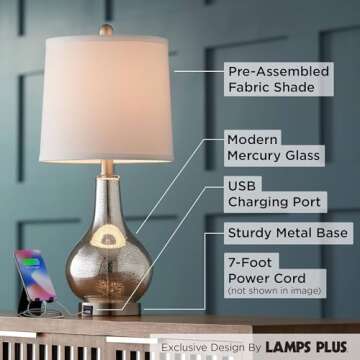 360 Lighting Ledger Modern Accent Table Lamps 21.75" High Set of 2 with USB Charging Port Mercury Glass Off White Drum Shade Decor for Living Room Desk Bedroom House Bedside Nightstand Home