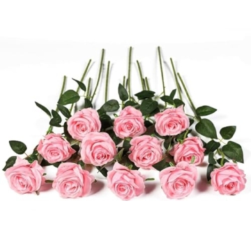 Kisflower 12Pcs Roses Artificial Flowers Realistic Single Stem Flowers Silk Rose Bouquet for Wedding...