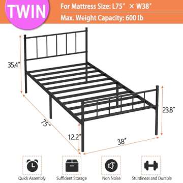 DIIYIV Twin Bed Frame-Classic Metal Platform Bed Frame,Mattress Foundation with Steel Slat Support,U...
