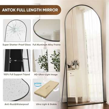 Antok Full Length Mirror, 71"x28" Arched Floor Mirror, Glassless Mirror Full Length with Stand, Floor Mirror Freestanding, Wall Mounted Mirror for Living Room, Black