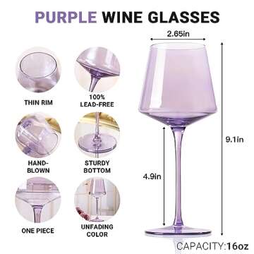 Purple Wine Glasses Set of 6-18oz Hand Blown Crystal Colored Wine Glasses with Long Stem, Multicolor Wine Glass for Wine Lovers, Wedding, Birthday Gifts for Women