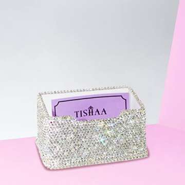 TISHAA Business Card Holder Stand - Bling Name Cards Office Desk Desktop Table Top Organizer Luxury Display Pocket Case Accessories White Crystal Rhinestone Glitter (White)