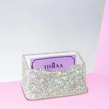 TISHAA Business Card Holder Stand - Bling Name Cards Office Desk Desktop Table Top Organizer Luxury Display Pocket Case Accessories White Crystal Rhinestone Glitter (White)